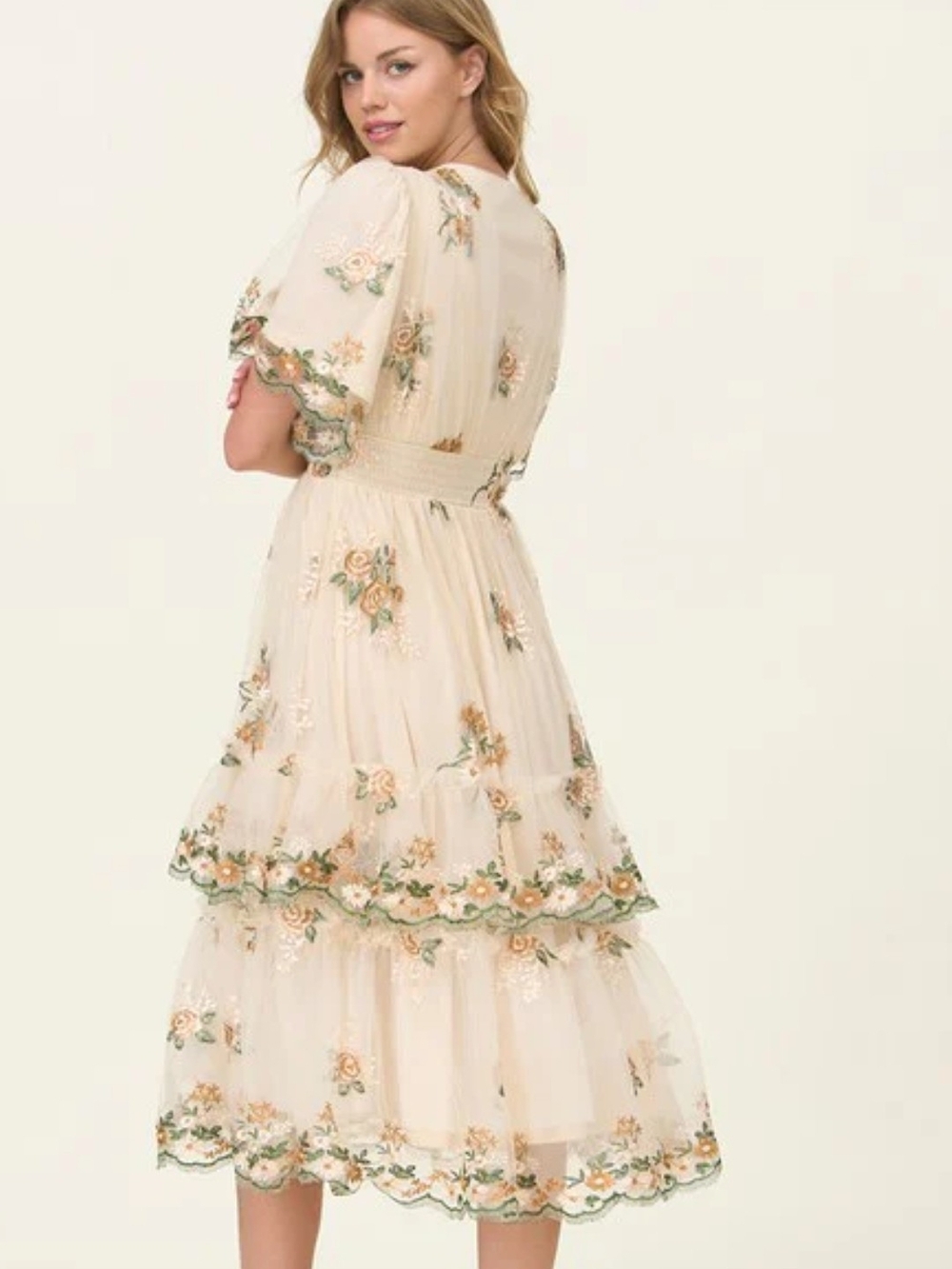 Baltic Born Cream Floral Embroidered Tiered Midi Dress - Picture 4 of 12